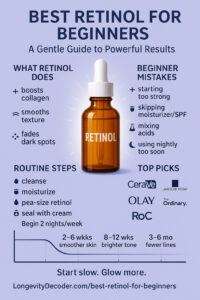 An educational skincare infographic titled Best Retinol for Beginners, showing a gentle step-by-step routine, common mistakes to avoid, recommended products, and a simple timeline for smoother, glowing skin.
